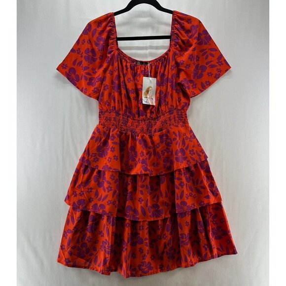 Prettygarden Dresses & Skirts - PRETTYGARDEN Dress Size M Peasant Sundress Floral Smocked Tiered Cap Sleeve Red